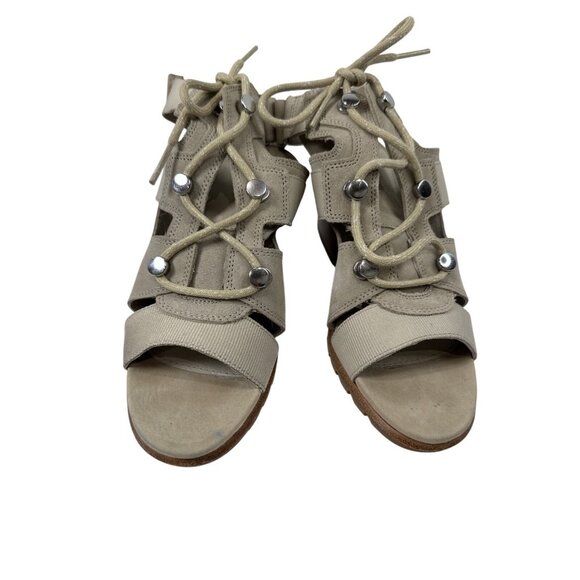 Sorel Beige Lace-Up Block Heel Sandals Size 9 For Women Leather Fabric - Picture 1 of 9